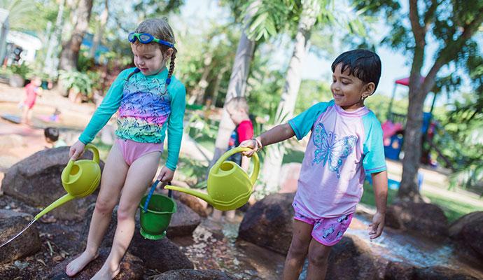 Kids in rock garden